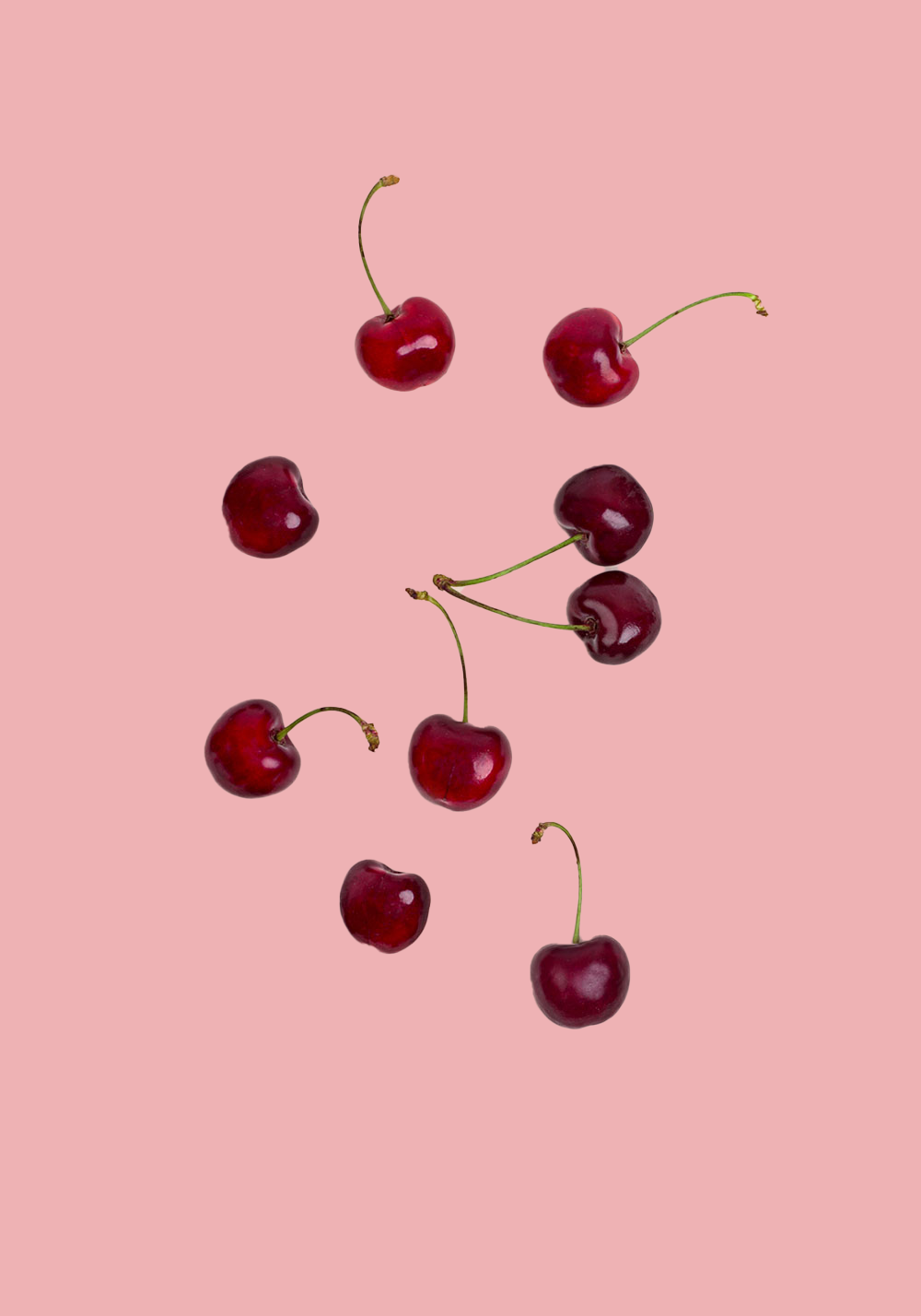 Fresh cherries scattered on a soft pink background representing Brazil Topazio dried cherry flavor profile.