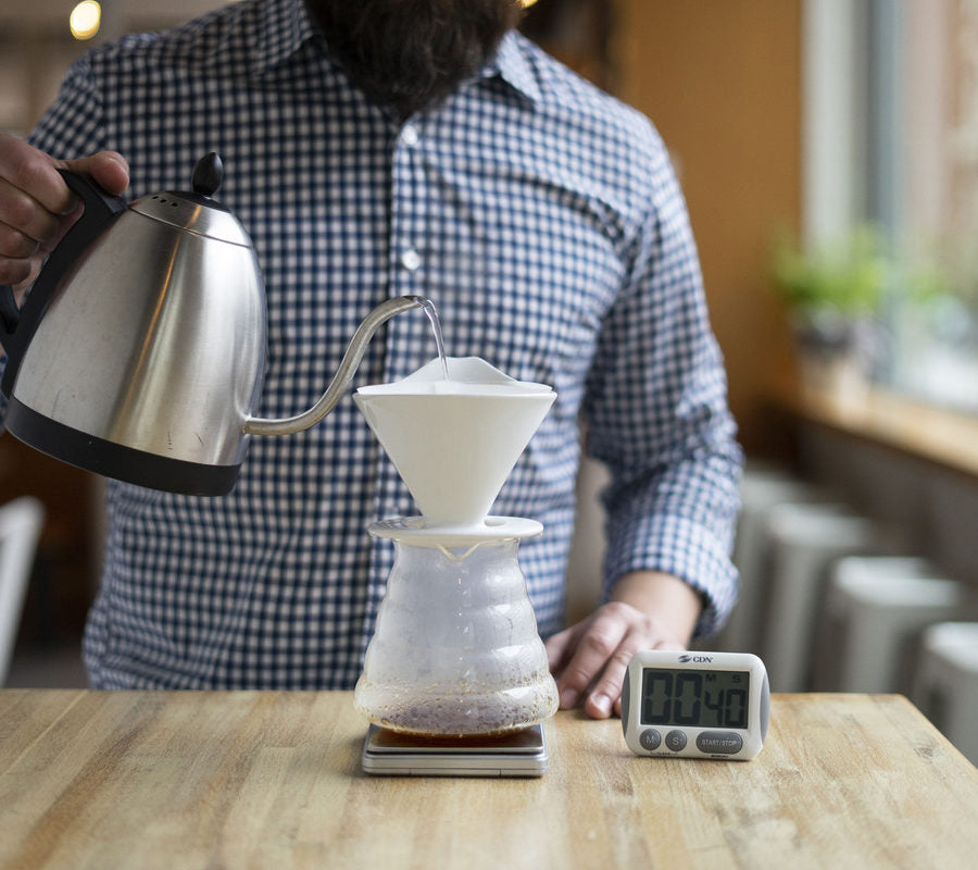 A person pouring water into a dripper