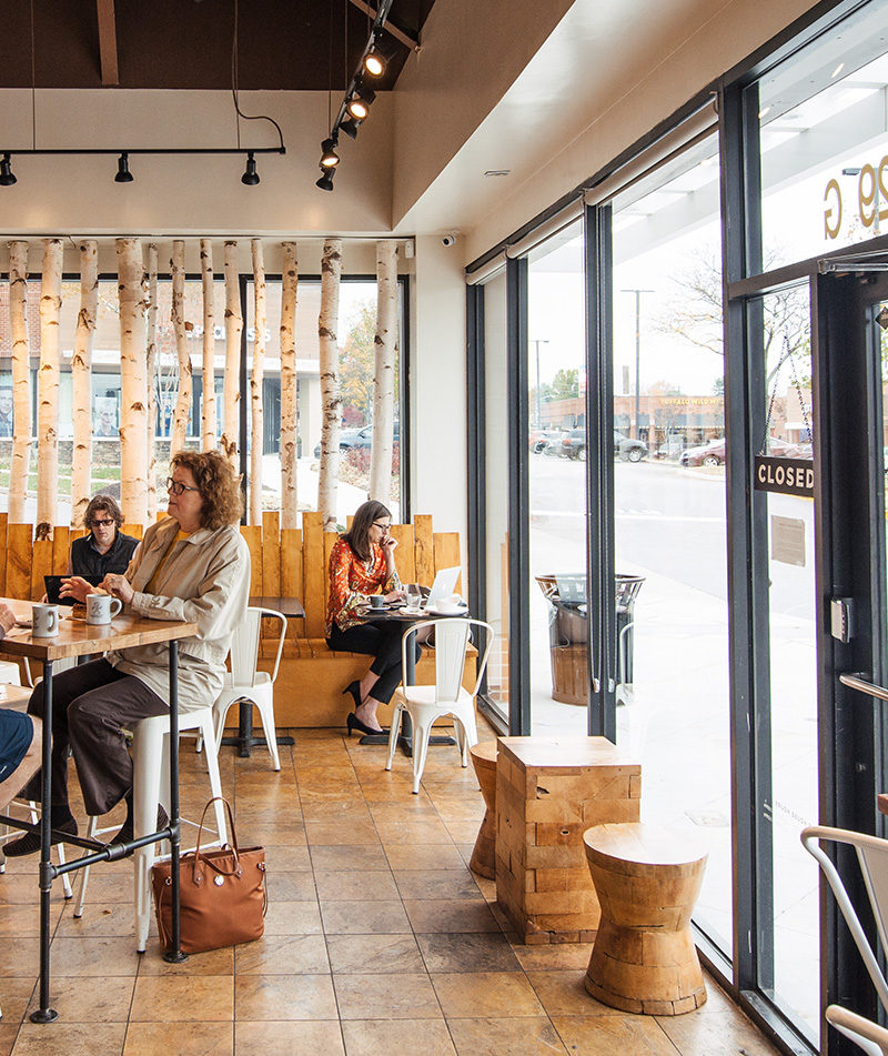 Guests chatting and working at Riva location.