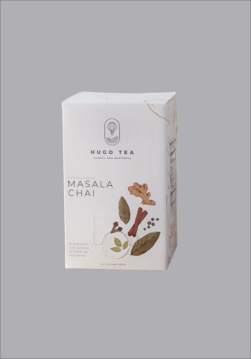 Hugo Tea Masala Chai packaging on a gray background