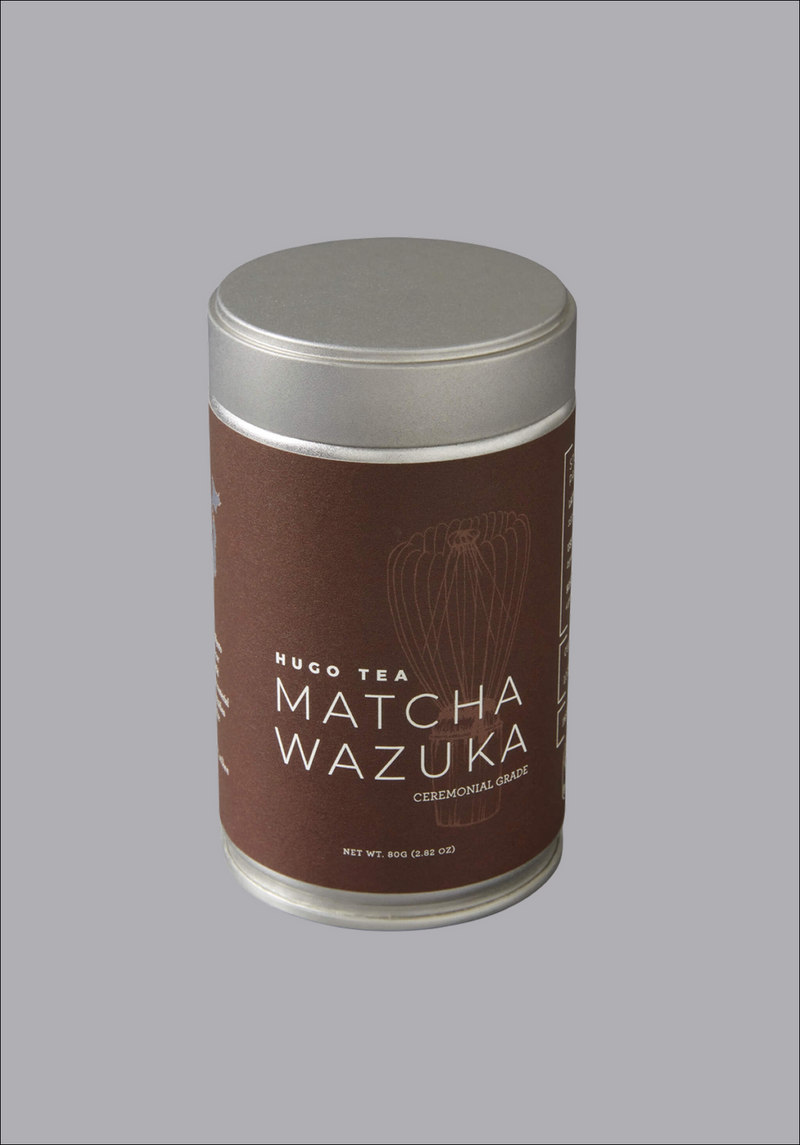 Hugo Tea Matcha Wazuka canister on a gray background