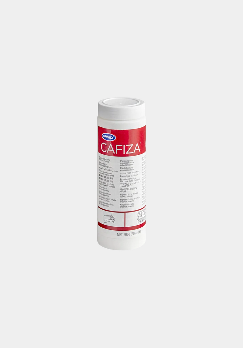 Canister of Urnex Cafiza Powder on a white background