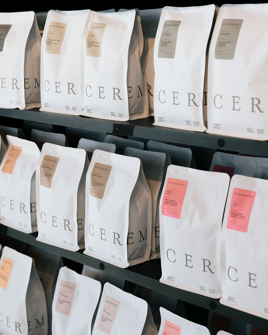 A close up of the retail coffee wall inside a Ceremony cafe