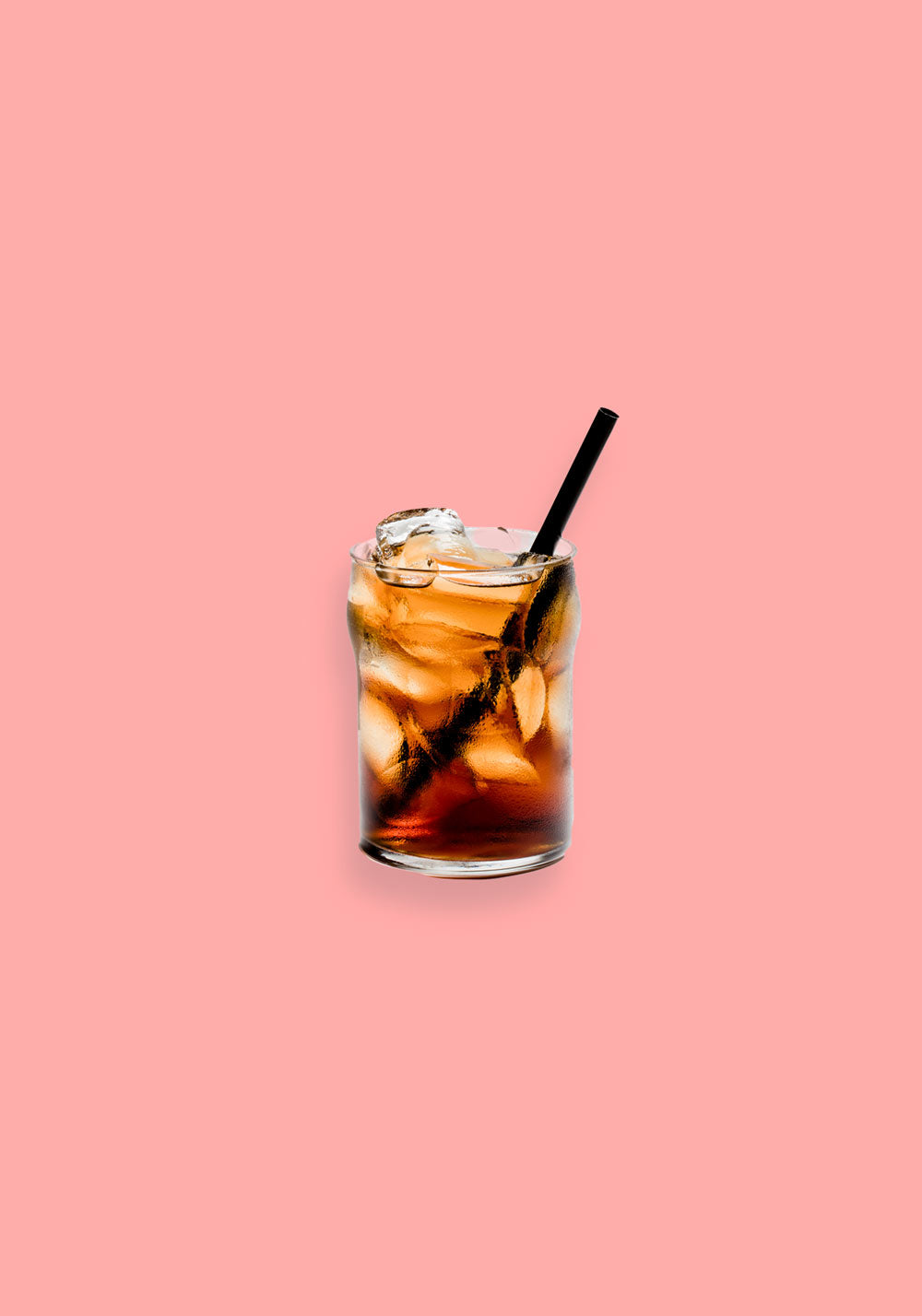 Glass of iced tea with ice cubes and a black straw against a pink background.