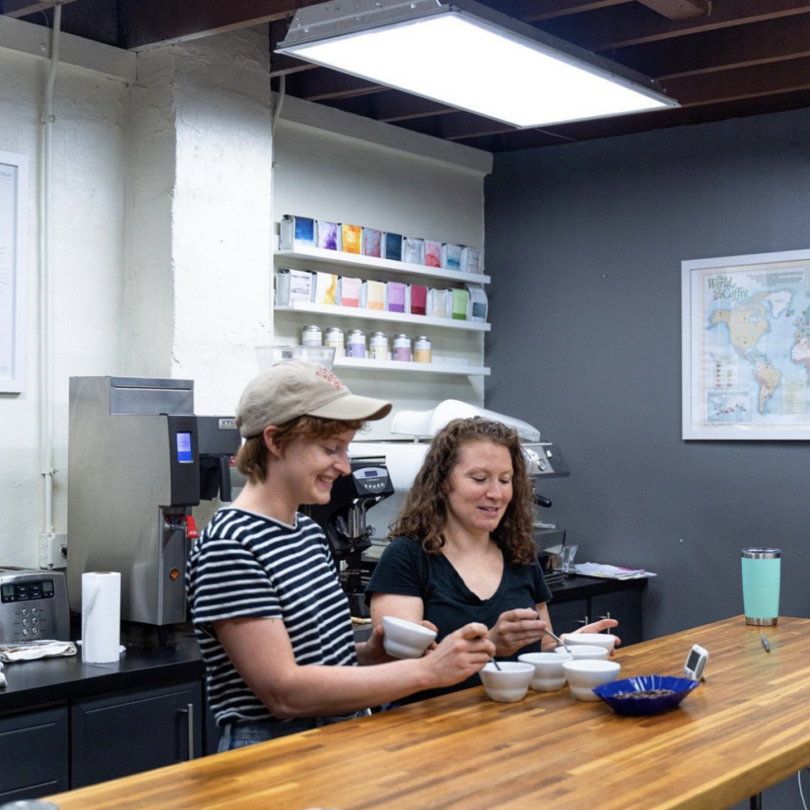 Happy Ceremony employees from the coffee department while cupping new arrival coffees.